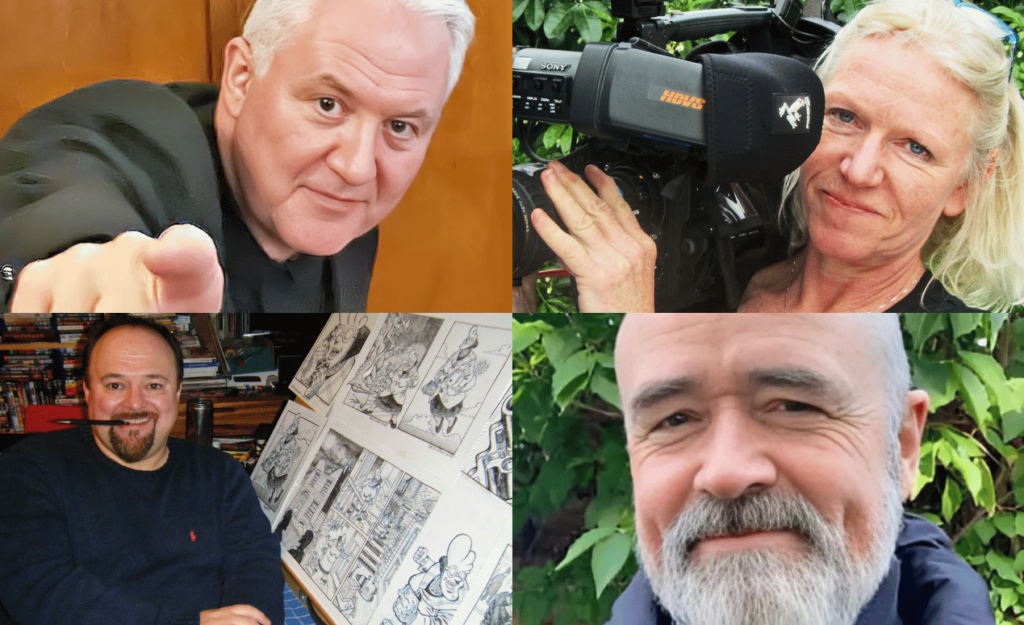 Four creators from the Ealing Film Festival, featuring a filmmaker, a camera operator, a cartoonist, and a writer.